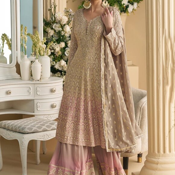 Pakistani Wedding Party Wear Georgette Beige & Pink Designer Embroidered Palazzo - Picture 2 of 5